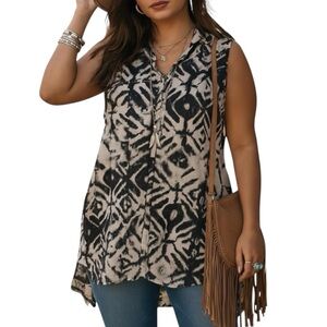 Amanda Green Black White Geometric Tie Dye Button Up Sleeveless Top Large